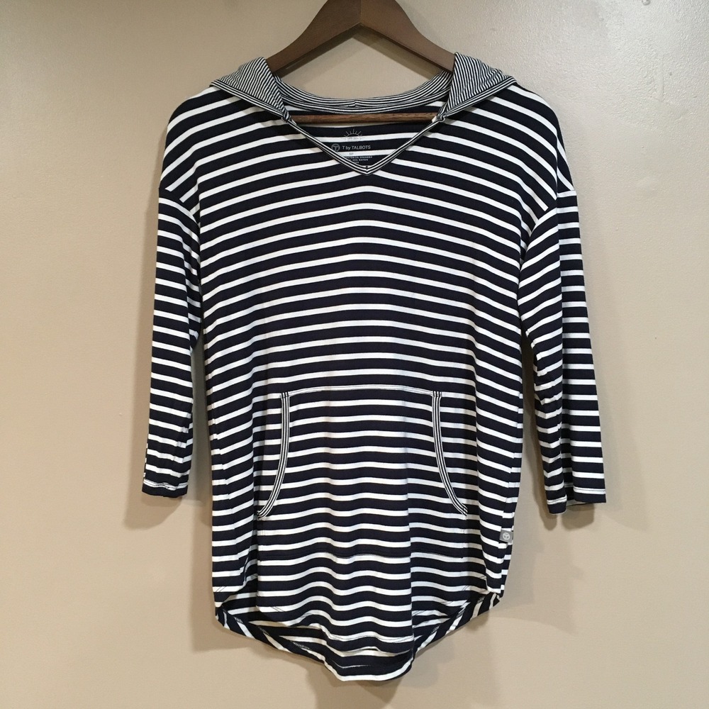 Talbots UPF 50 Hooded Beach Coverup Womens SP Navy White Stripe‎ Nautical Preppy
